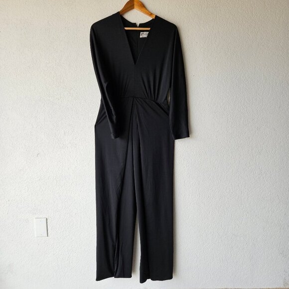 Vintage 70s 80s Black Polyester Disco Jumpsuit M Open Leg High Slit V-neck - Picture 1 of 8